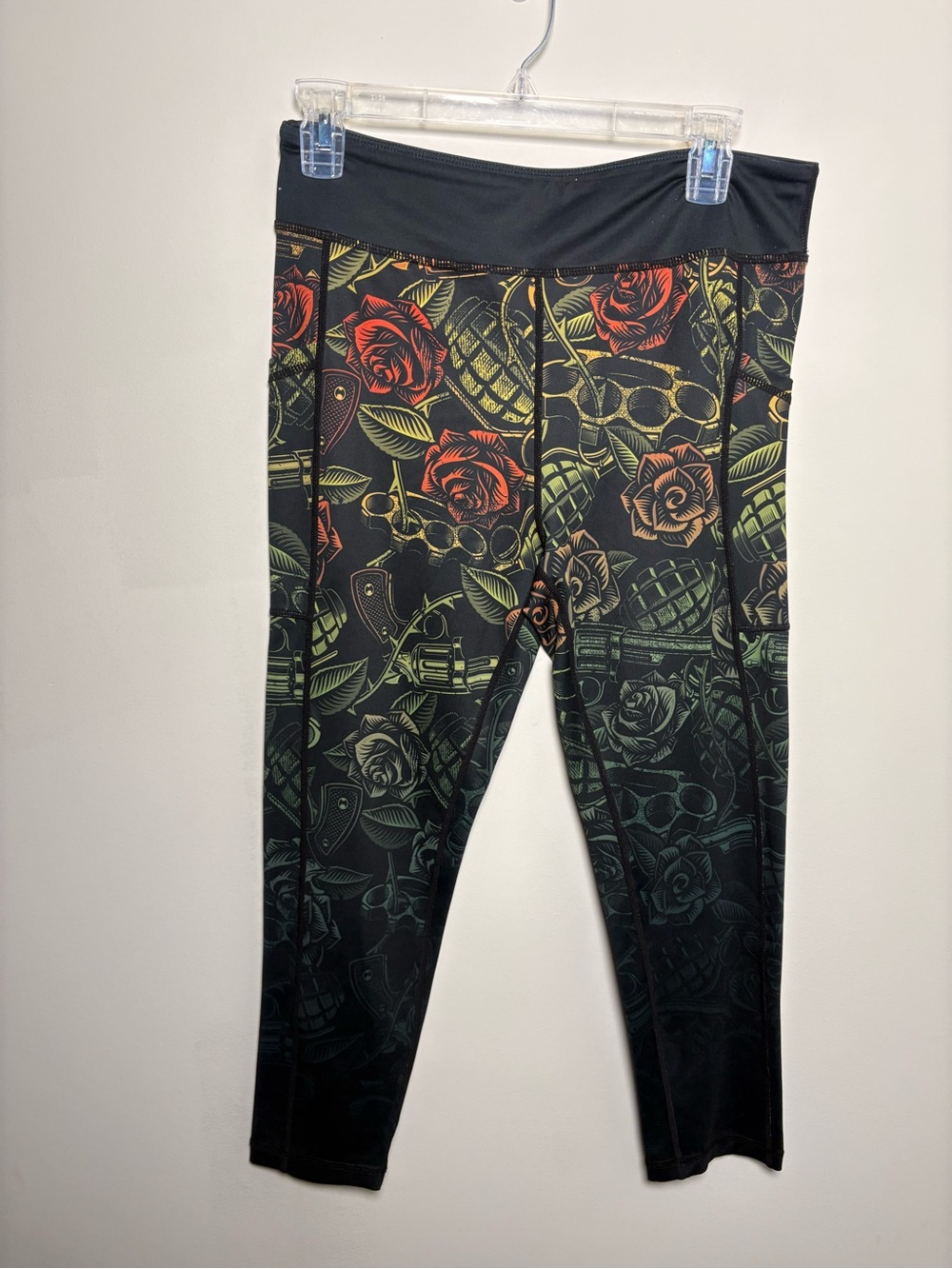 Kids Floral & Skull Capri Leggings - Black with Red & Green Accents